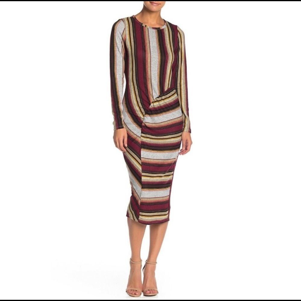 SUPERFOXX Striped Knit Jersey Long Sleeve Side Ruching Dress Nwt
